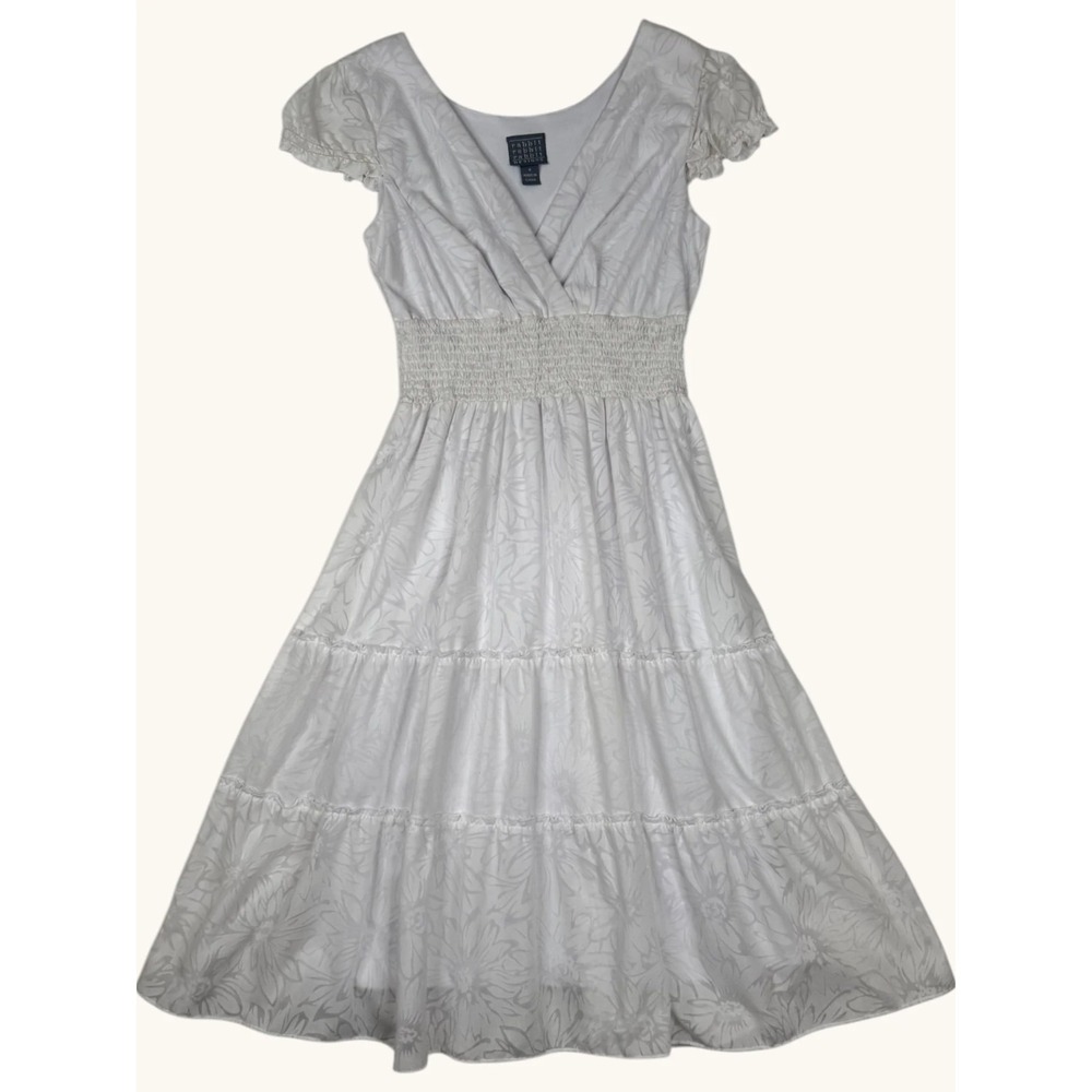 Rabbit Rabbit Designs White Floral Burnout Midi Dress Smocked Waist Size 8